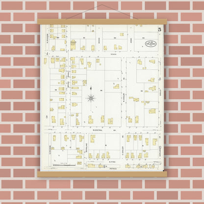 Old map wall art mockup — magnetic wood frame on brick wall — Sanborn Fire Insurance Map from Orlando, Orange County, Florida (1908), Sheet #0005