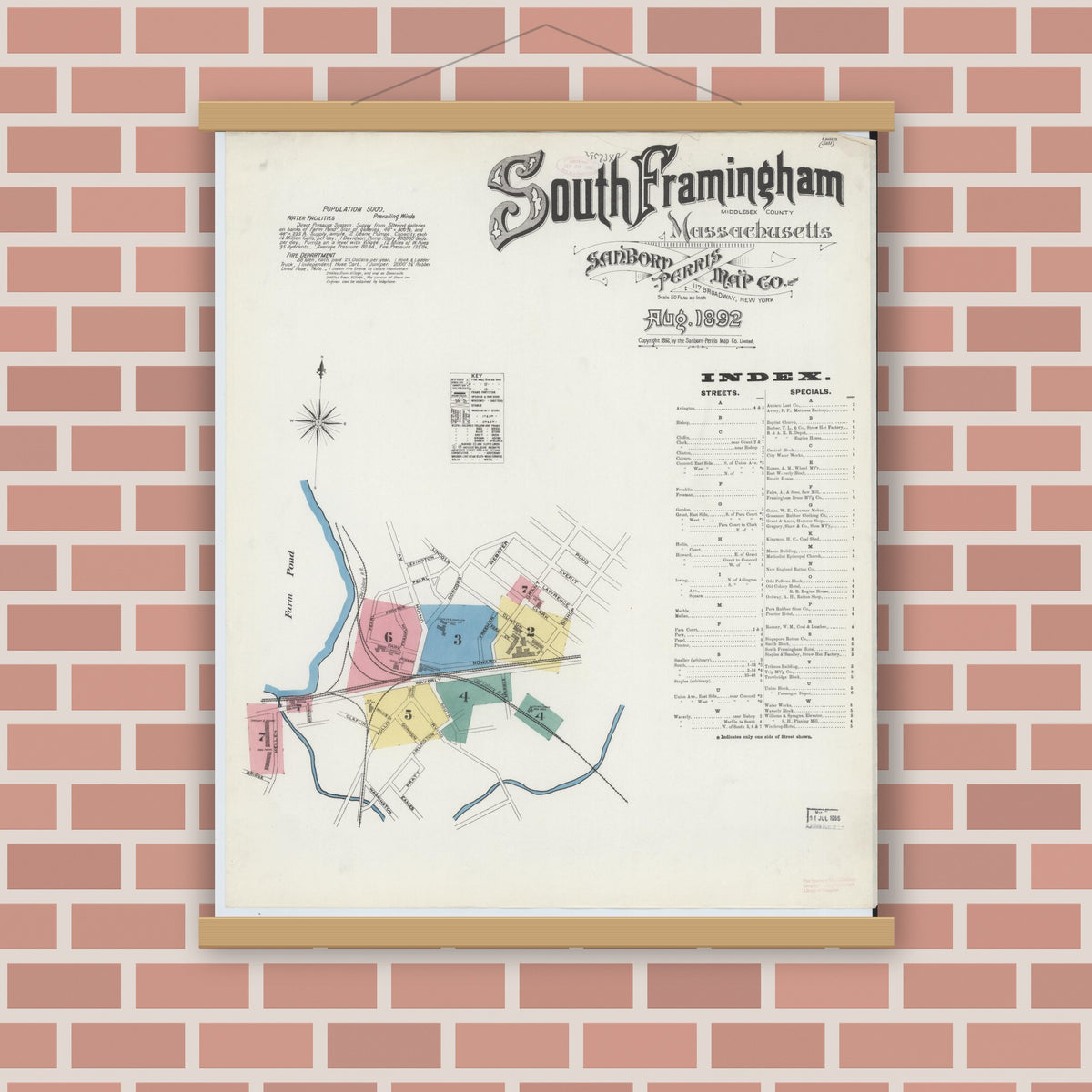 Old map wall art mockup — magnetic wood frame on brick wall — Sanborn Fire Insurance Map from South Farmington, Middlesex County, Massachusetts (1892), Sheet #0001