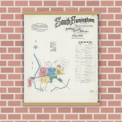 Old map wall art mockup — magnetic wood frame on brick wall — Sanborn Fire Insurance Map from South Farmington, Middlesex County, Massachusetts (1892), Sheet #0001