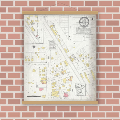 Old map wall art mockup — magnetic wood frame on brick wall — Sanborn Fire Insurance Map from Minnesota Lake, Faribault County, Minnesota (1927) - Complete Map Set