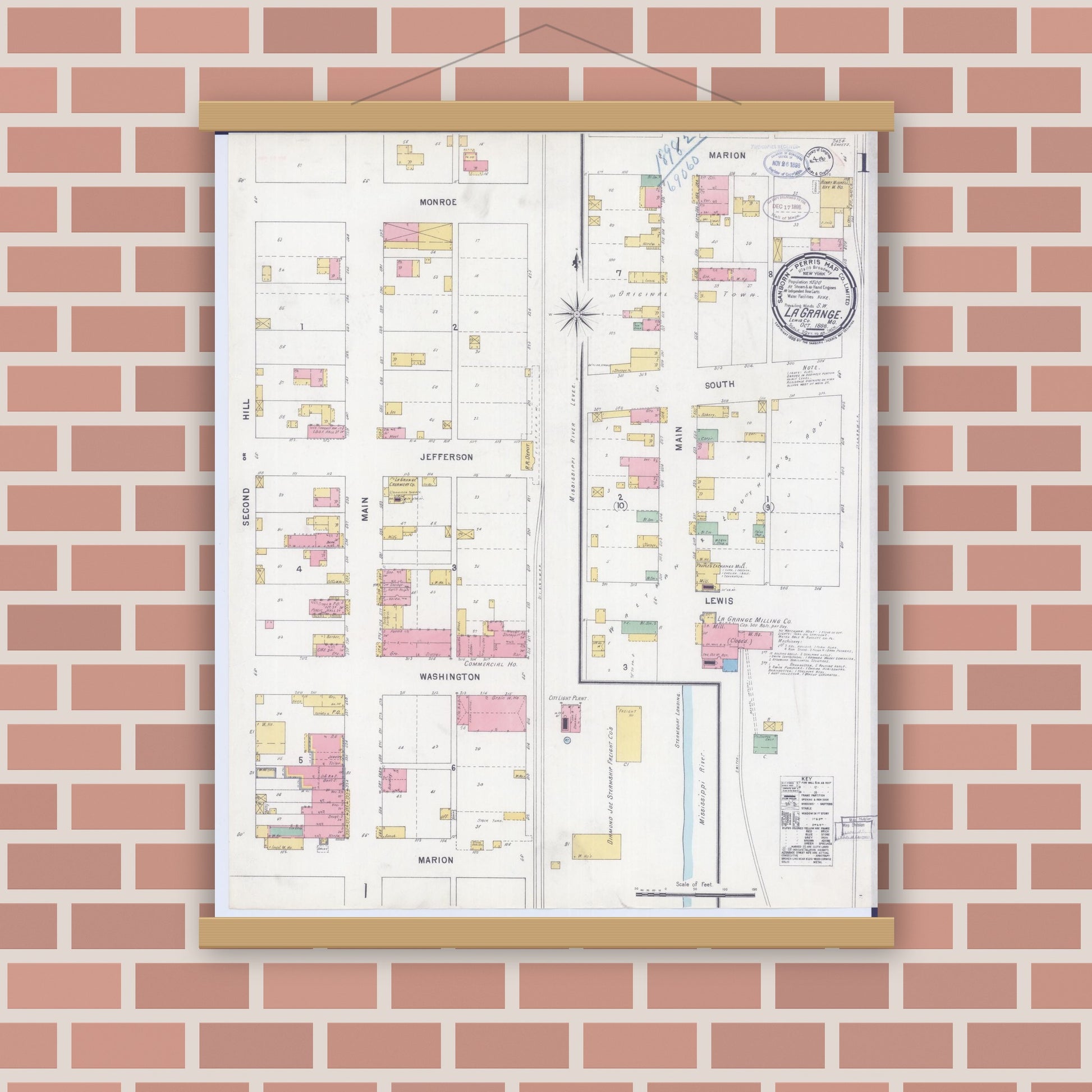 Old map wall art mockup — magnetic wood frame on brick wall — Sanborn Fire Insurance Map from La Grange, Lewis County, Missouri (1898), Sheet #0001