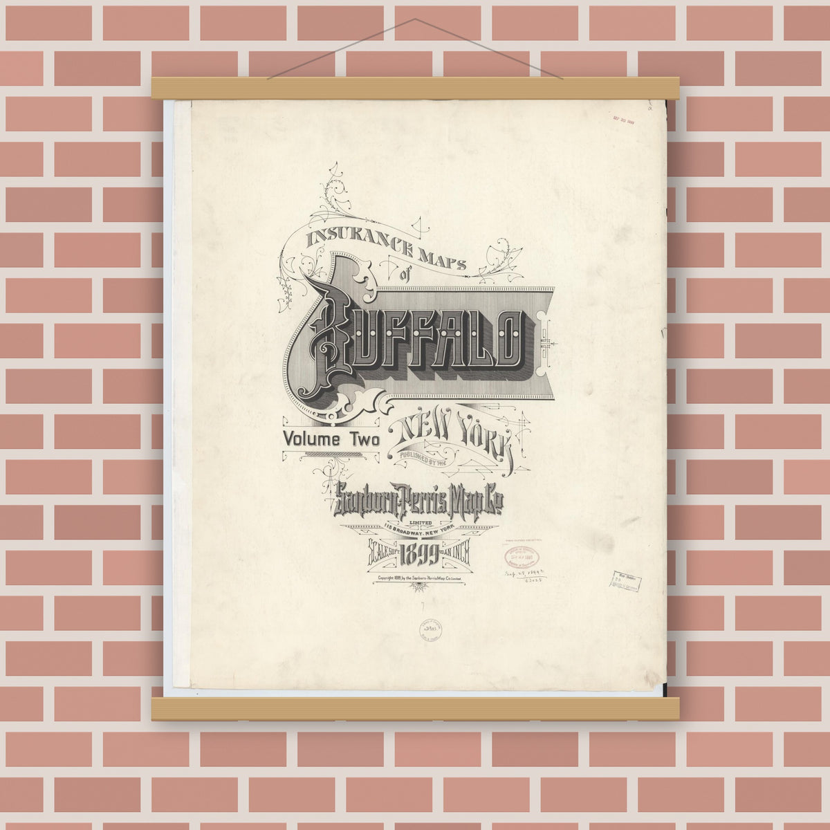 Old map wall art mockup — magnetic wood frame on brick wall — Sanborn Fire Insurance Map from Buffalo, Erie County, New York (1899), Sheet #0001