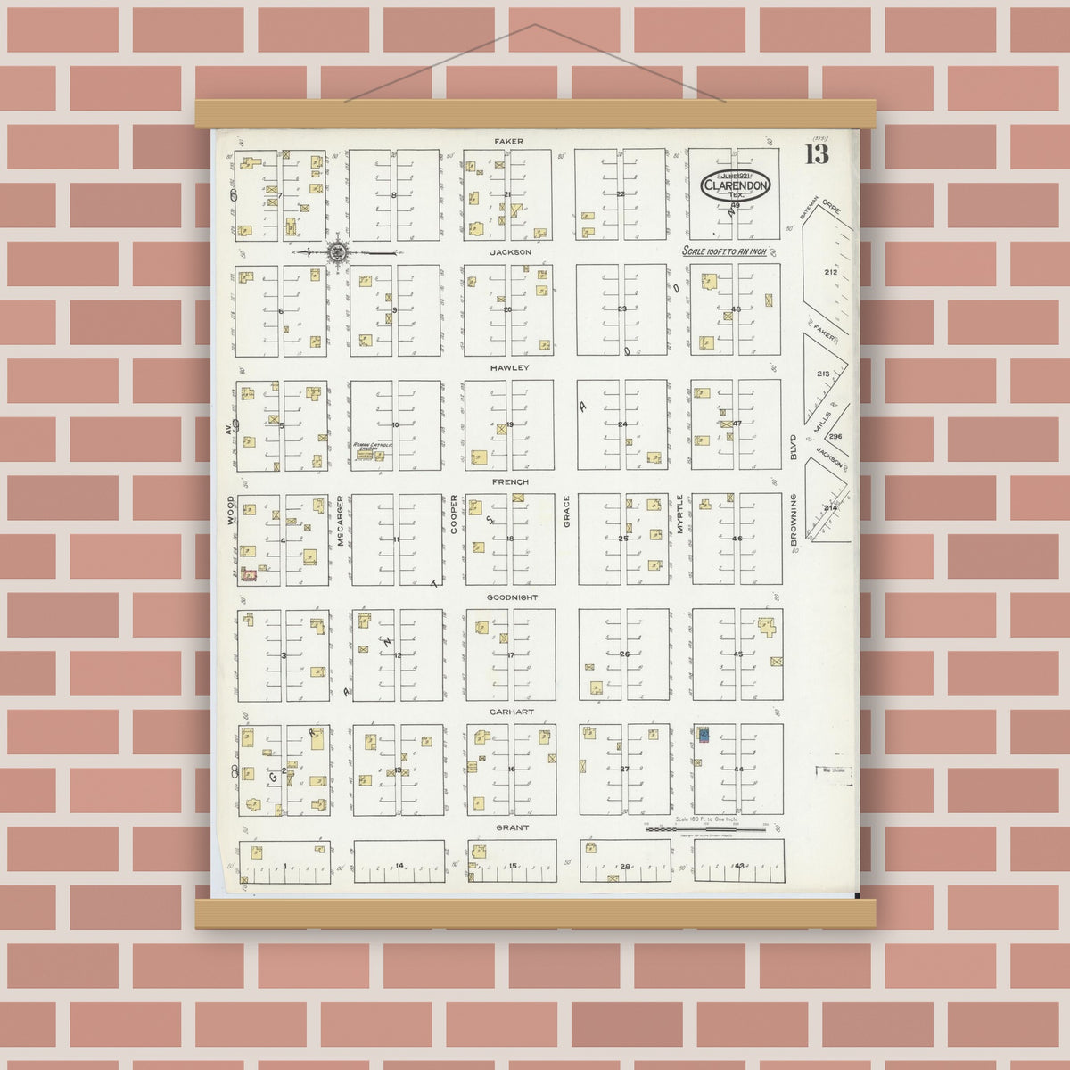 Old map wall art mockup — magnetic wood frame on brick wall — Sanborn Fire Insurance Map from Clarendon, Donley County, Texas (1921), Sheet #0013