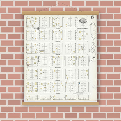Old map wall art mockup — magnetic wood frame on brick wall — Sanborn Fire Insurance Map from Clarendon, Donley County, Texas (1921), Sheet #0013