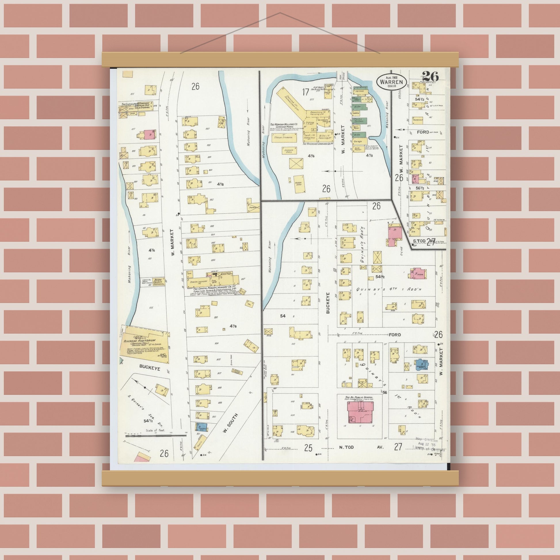 Old map wall art mockup — magnetic wood frame on brick wall — Sanborn Fire Insurance Map from Warren, Trumbull County, Ohio (1908), Sheet #0026