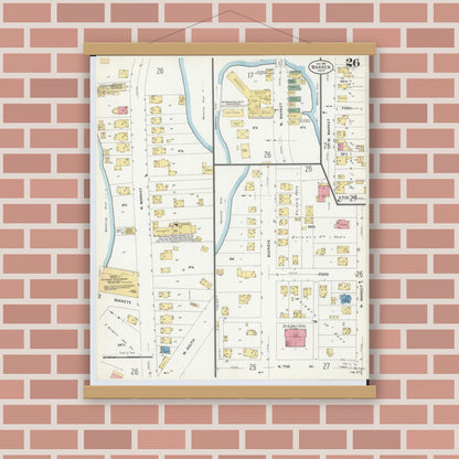 Old map wall art mockup — magnetic wood frame on brick wall — Sanborn Fire Insurance Map from Warren, Trumbull County, Ohio (1908), Sheet #0026