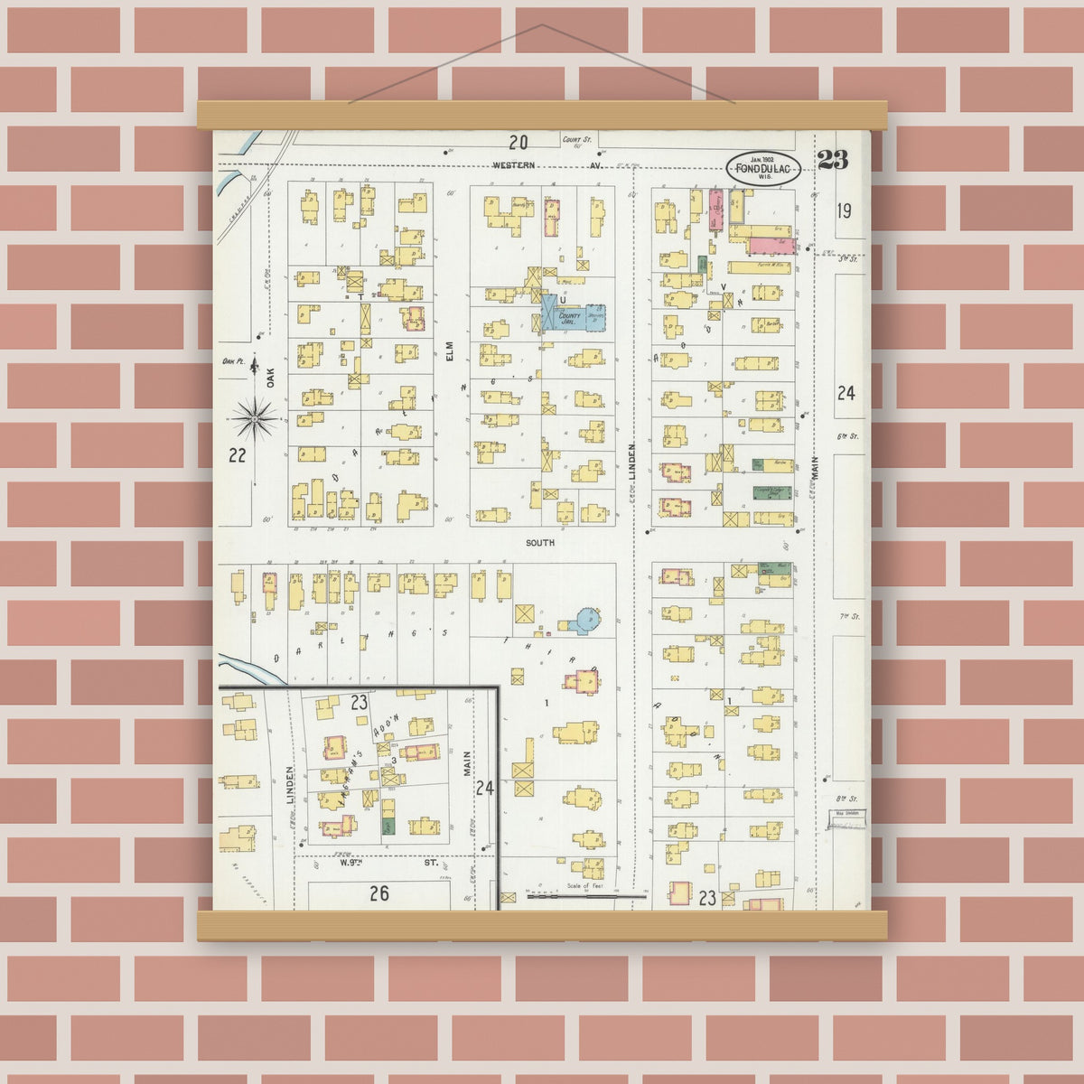 Old map wall art mockup — magnetic wood frame on brick wall — Sanborn Fire Insurance Map from Fond du Lac, Fond du Lac County, Wisconsin (1902), Sheet #0023