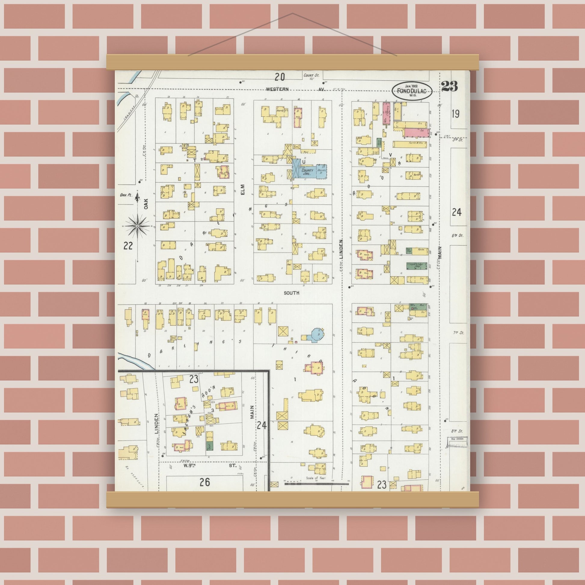 Old map wall art mockup — magnetic wood frame on brick wall — Sanborn Fire Insurance Map from Fond du Lac, Fond du Lac County, Wisconsin (1902), Sheet #0023