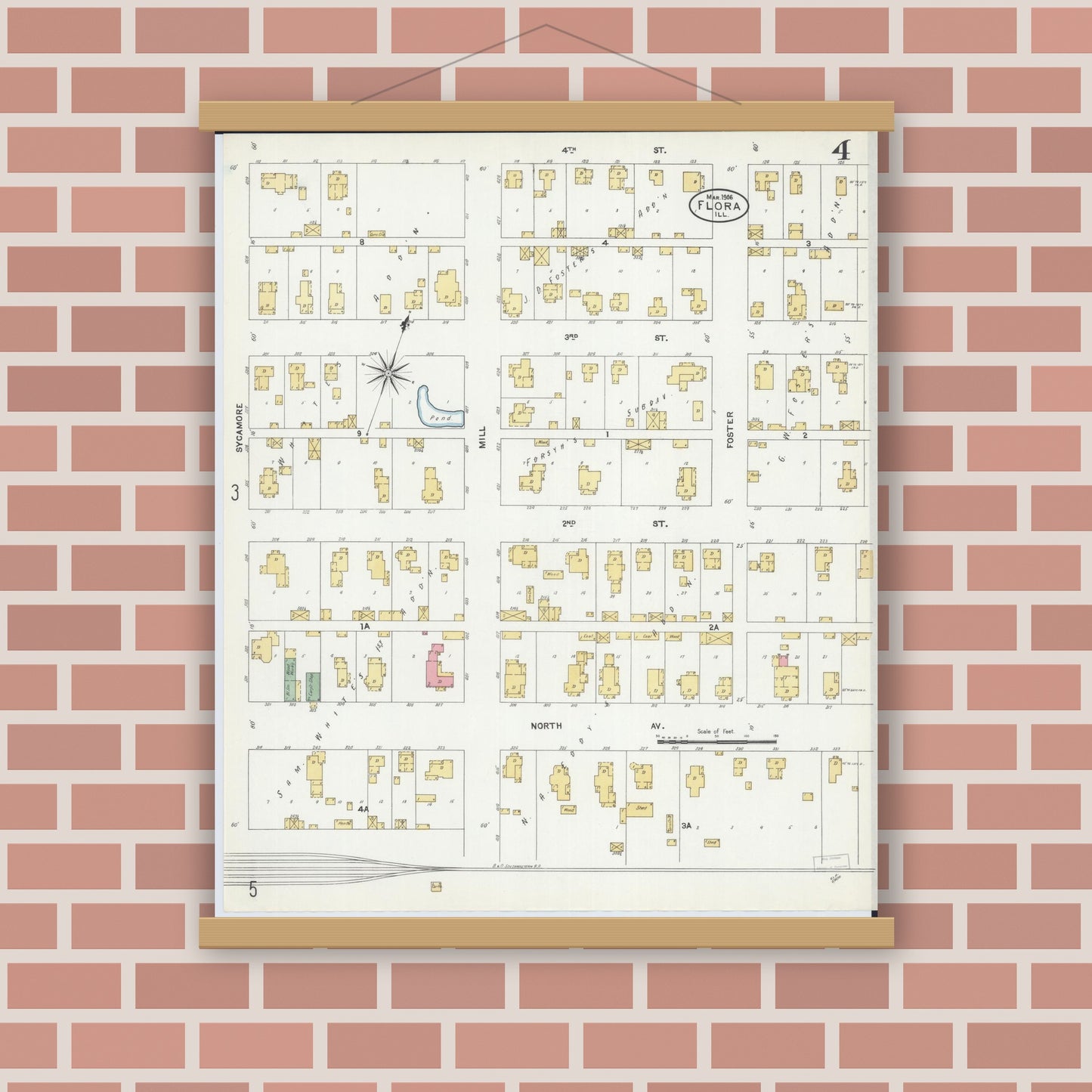 Old map wall art mockup — magnetic wood frame on brick wall — Sanborn Fire Insurance Map from Flora, Clay County, Illinois (1906), Sheet #0004