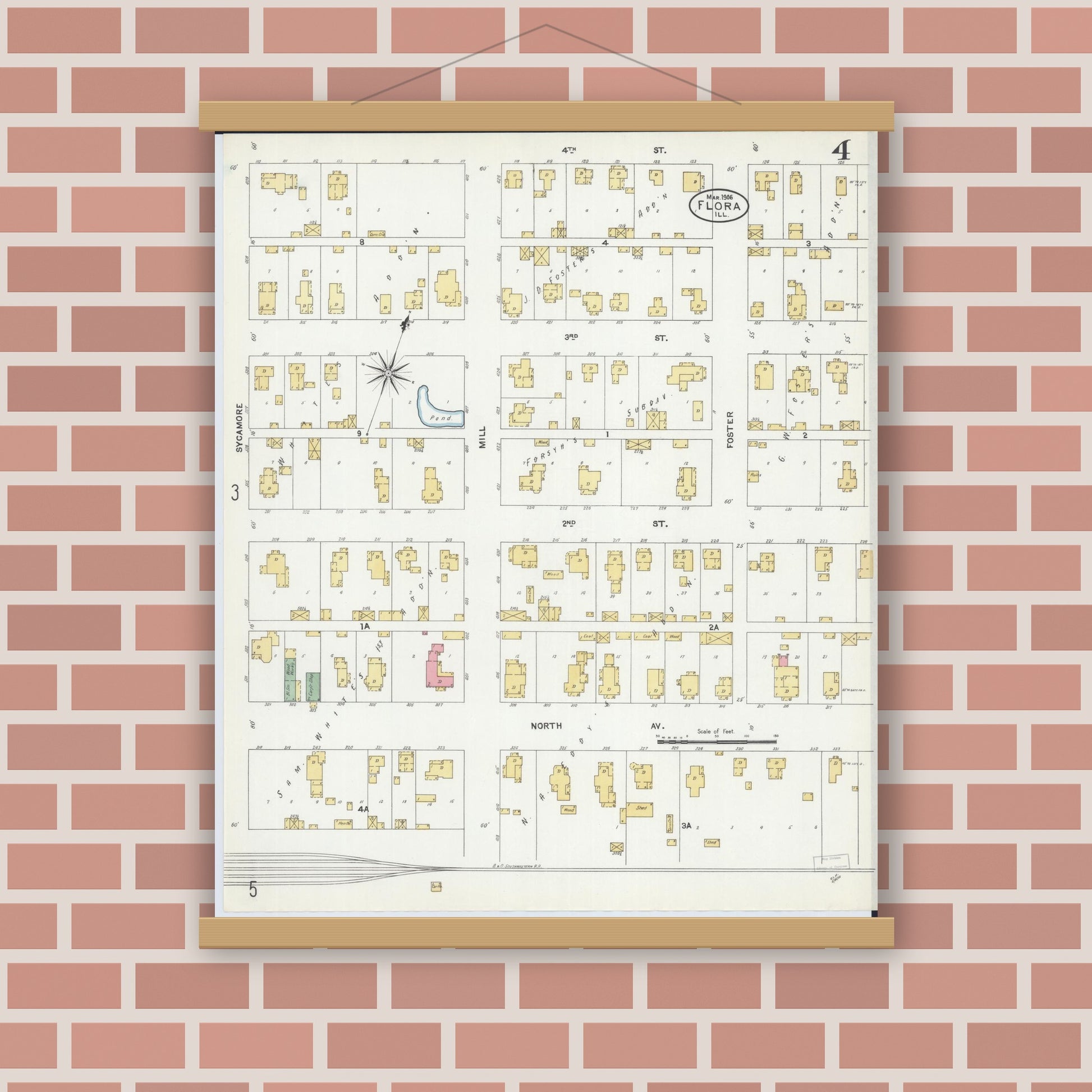Old map wall art mockup — magnetic wood frame on brick wall — Sanborn Fire Insurance Map from Flora, Clay County, Illinois (1906), Sheet #0004