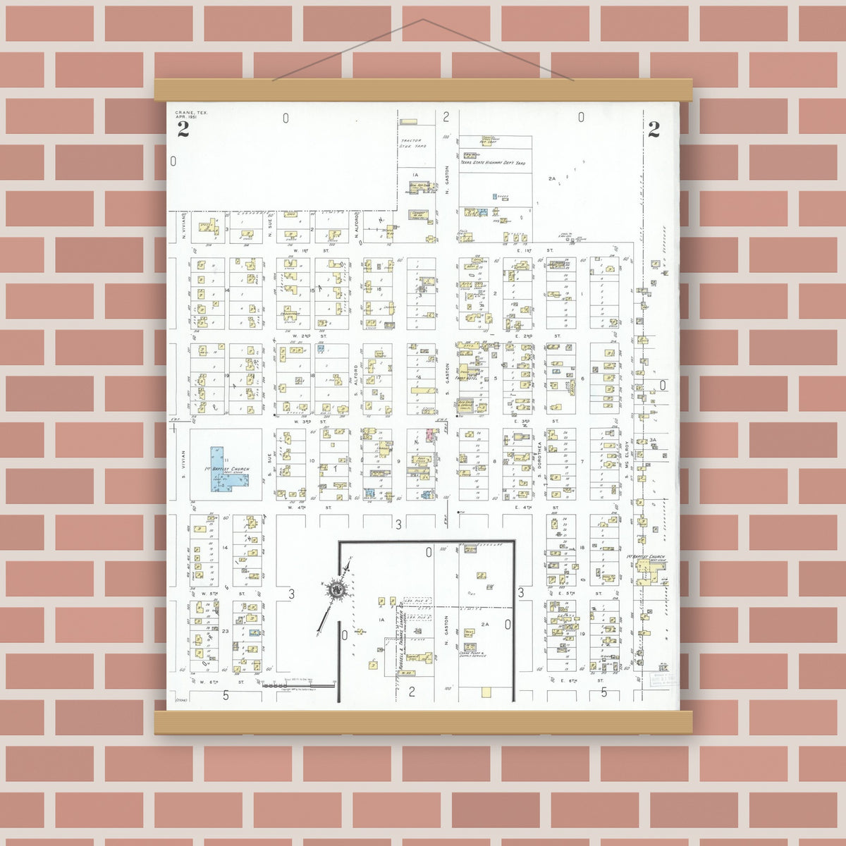 Old map wall art mockup — magnetic wood frame on brick wall — Sanborn Fire Insurance Map from Crane, Crane County, Texas (1951), Sheet #0002