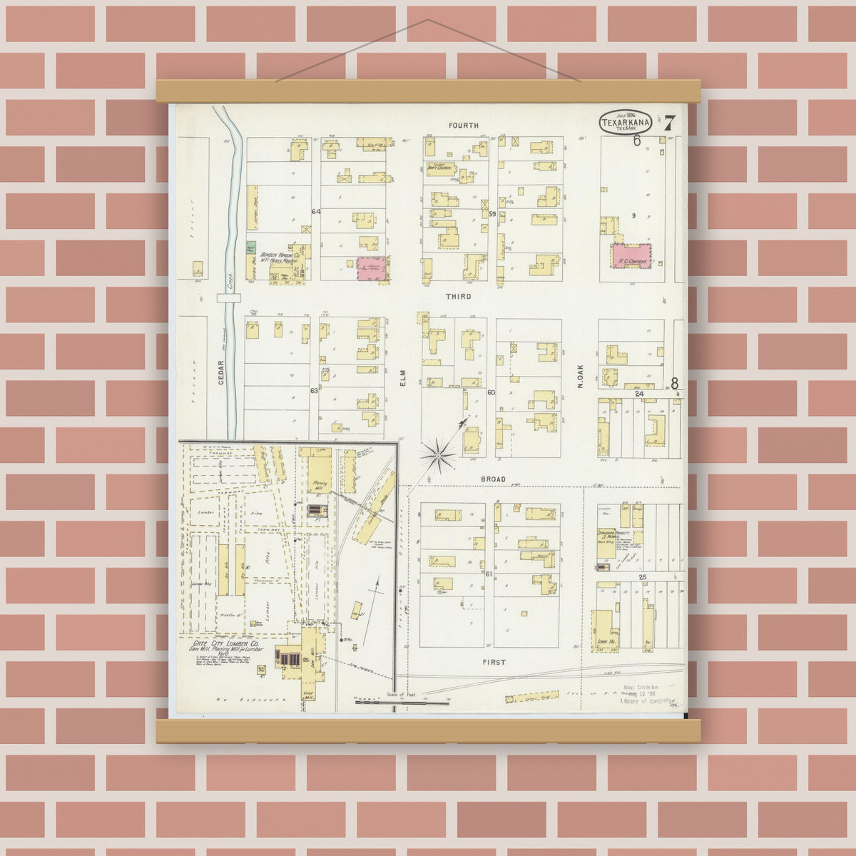 Old map wall art mockup — magnetic wood frame on brick wall — Sanborn Fire Insurance Map from Texarkana, Bowie County, Texas (1896), Sheet #0007