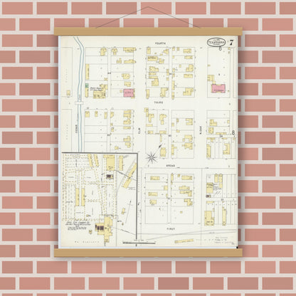 Old map wall art mockup — magnetic wood frame on brick wall — Sanborn Fire Insurance Map from Texarkana, Bowie County, Texas (1896), Sheet #0007