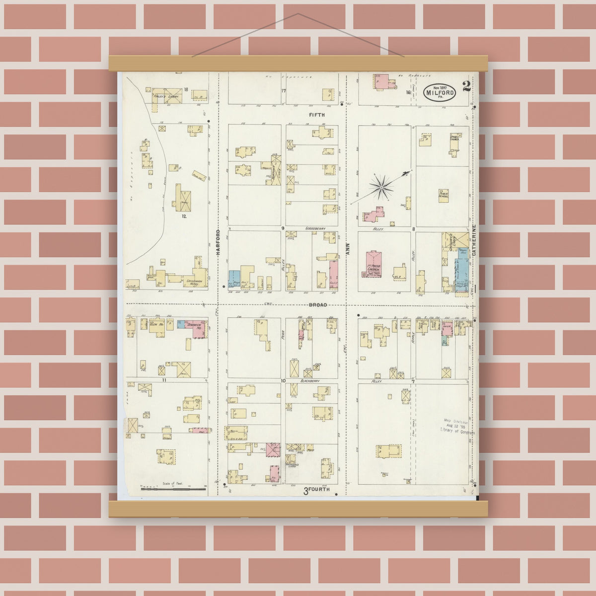 Old map wall art mockup — magnetic wood frame on brick wall — Sanborn Fire Insurance Map from Milford, Pike County, Pennsylvania (1897), Sheet #0002