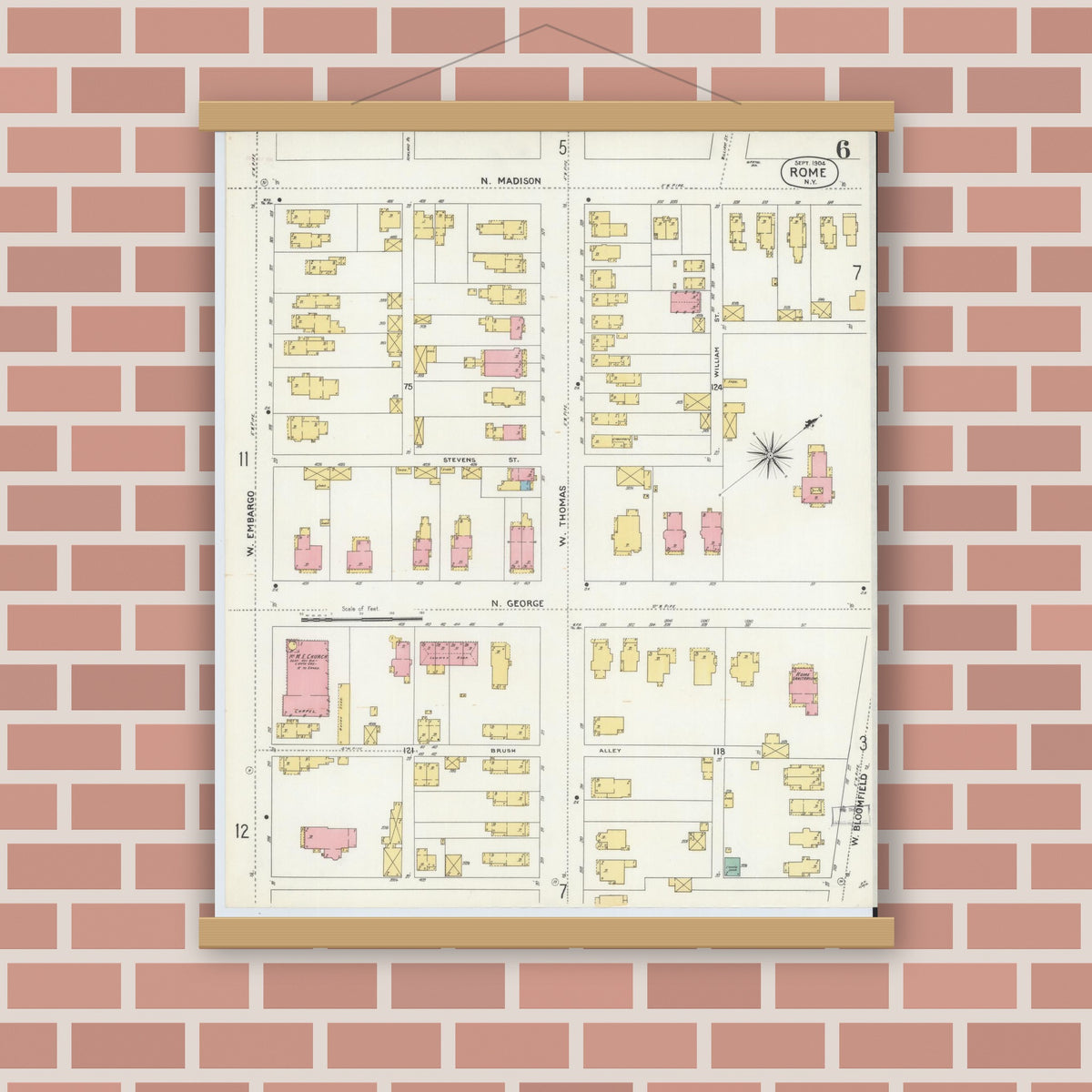 Old map wall art mockup — magnetic wood frame on brick wall — Sanborn Fire Insurance Map from Rome, Oneida County, New York (1904), Sheet #0006