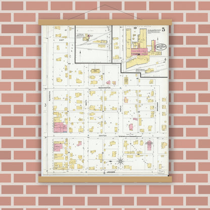 Old map wall art mockup — magnetic wood frame on brick wall — Sanborn Fire Insurance Map from Bremen, Marshall County, Indiana (1905), Sheet #0005