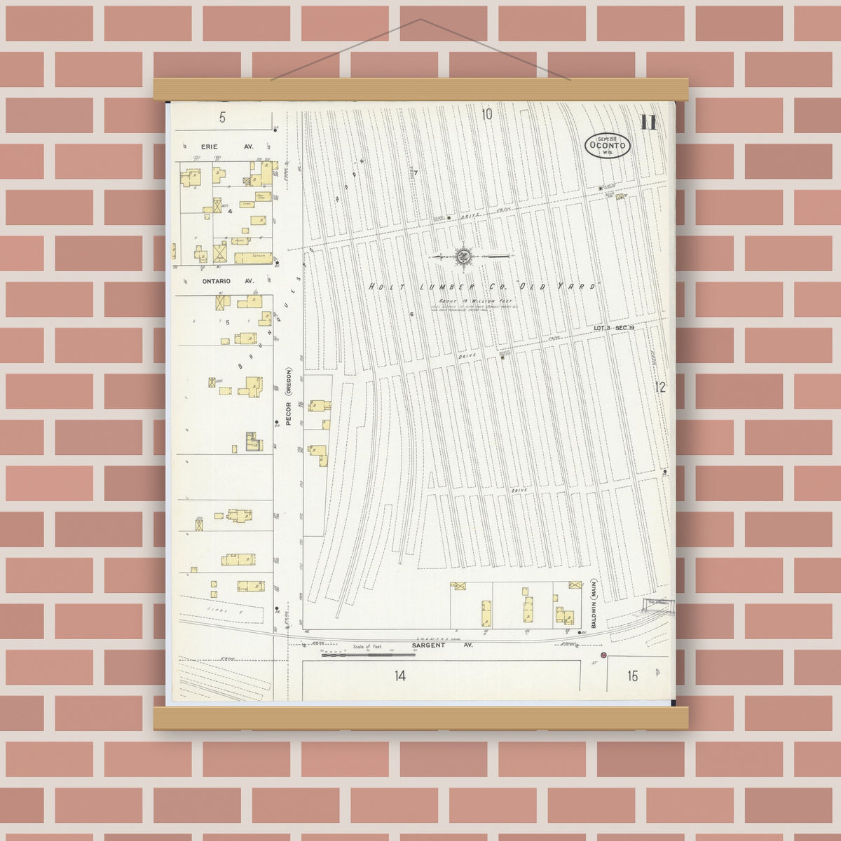 Old map wall art mockup — magnetic wood frame on brick wall — Sanborn Fire Insurance Map from Oconto, Oconto County, Wisconsin (1911), Sheet #0011