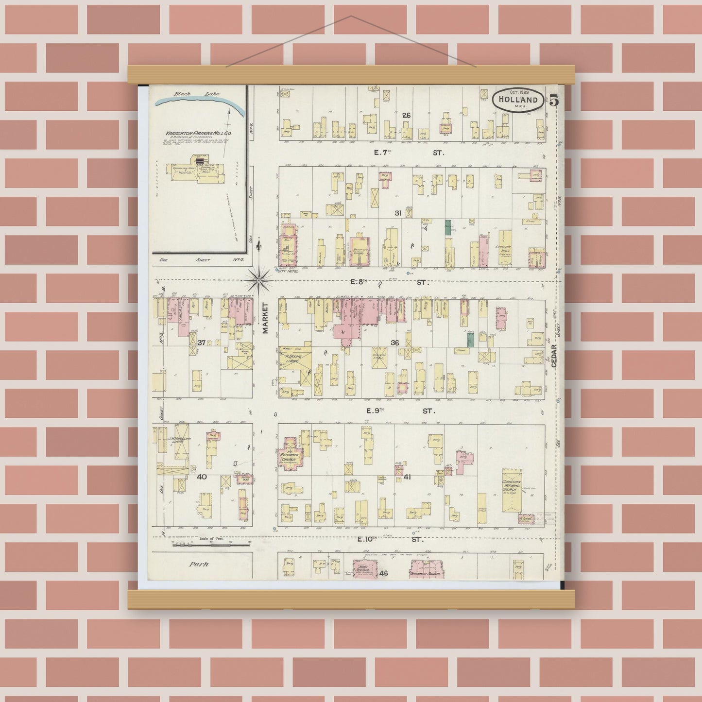 Old map wall art mockup — magnetic wood frame on brick wall — Sanborn Fire Insurance Map from Holland, Ottawa County, Michigan (1889), Sheet #0005