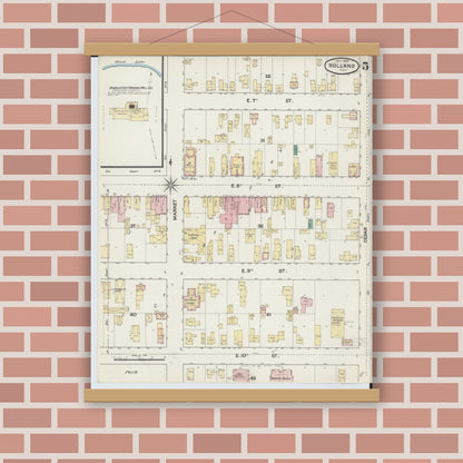 Old map wall art mockup — magnetic wood frame on brick wall — Sanborn Fire Insurance Map from Holland, Ottawa County, Michigan (1889), Sheet #0005
