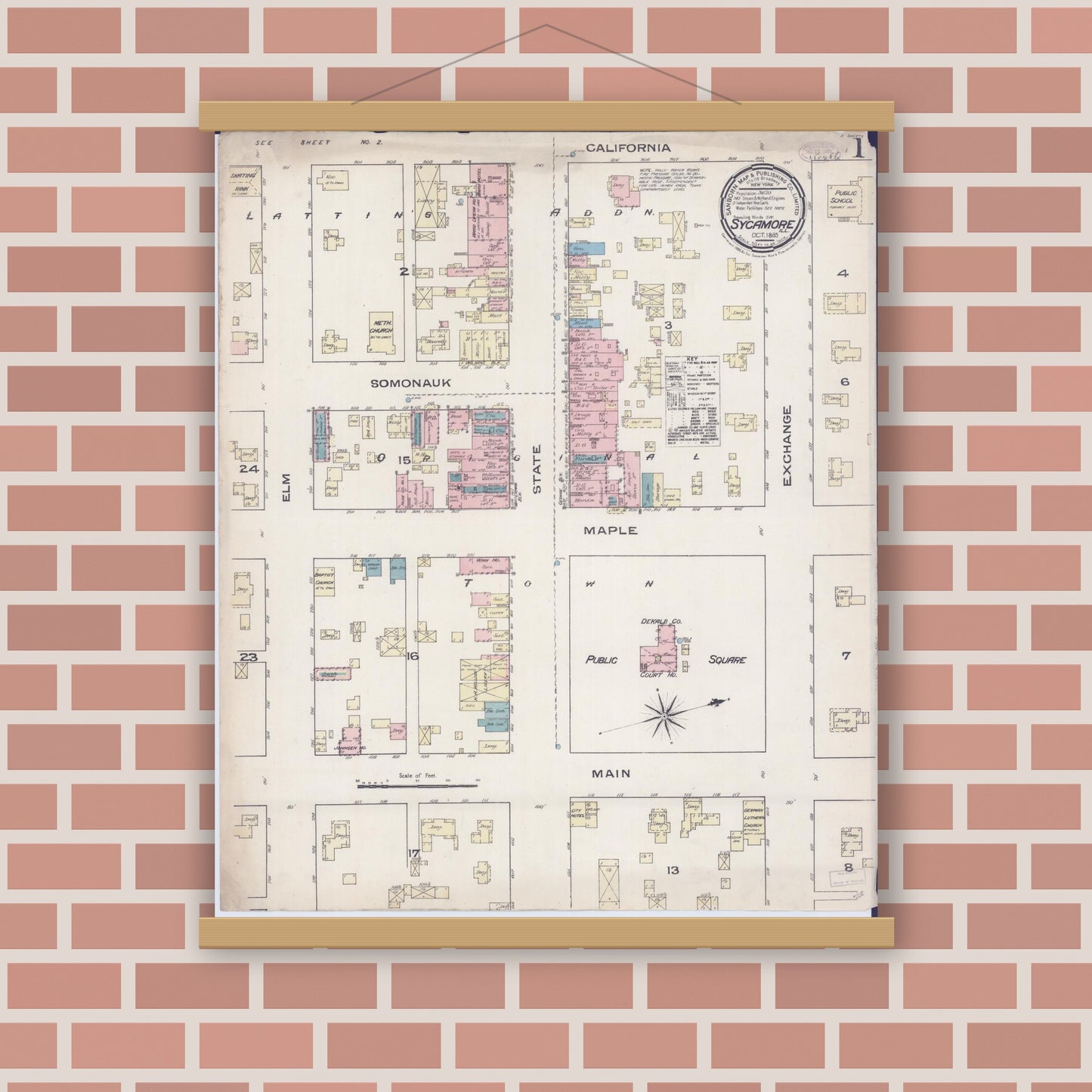 Old map wall art mockup — magnetic wood frame on brick wall — Sanborn Fire Insurance Map from Sycamore, De Kalb County, Illinois (1885), Sheet #0001