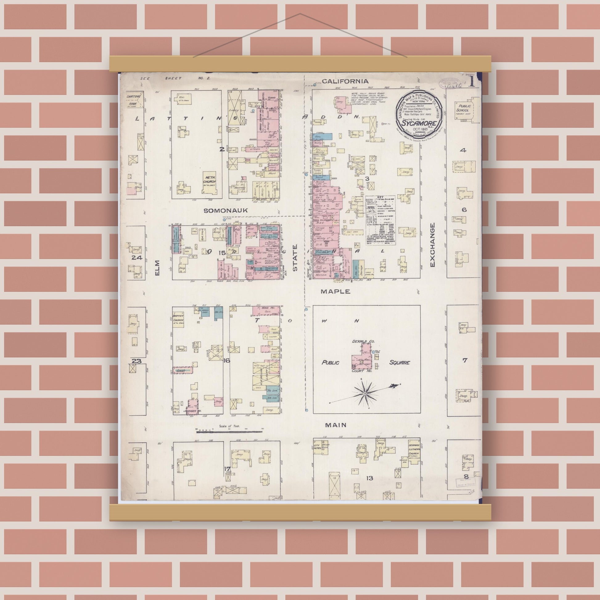 Old map wall art mockup — magnetic wood frame on brick wall — Sanborn Fire Insurance Map from Sycamore, De Kalb County, Illinois (1885), Sheet #0001