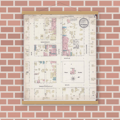 Old map wall art mockup — magnetic wood frame on brick wall — Sanborn Fire Insurance Map from Sycamore, De Kalb County, Illinois (1885), Sheet #0001