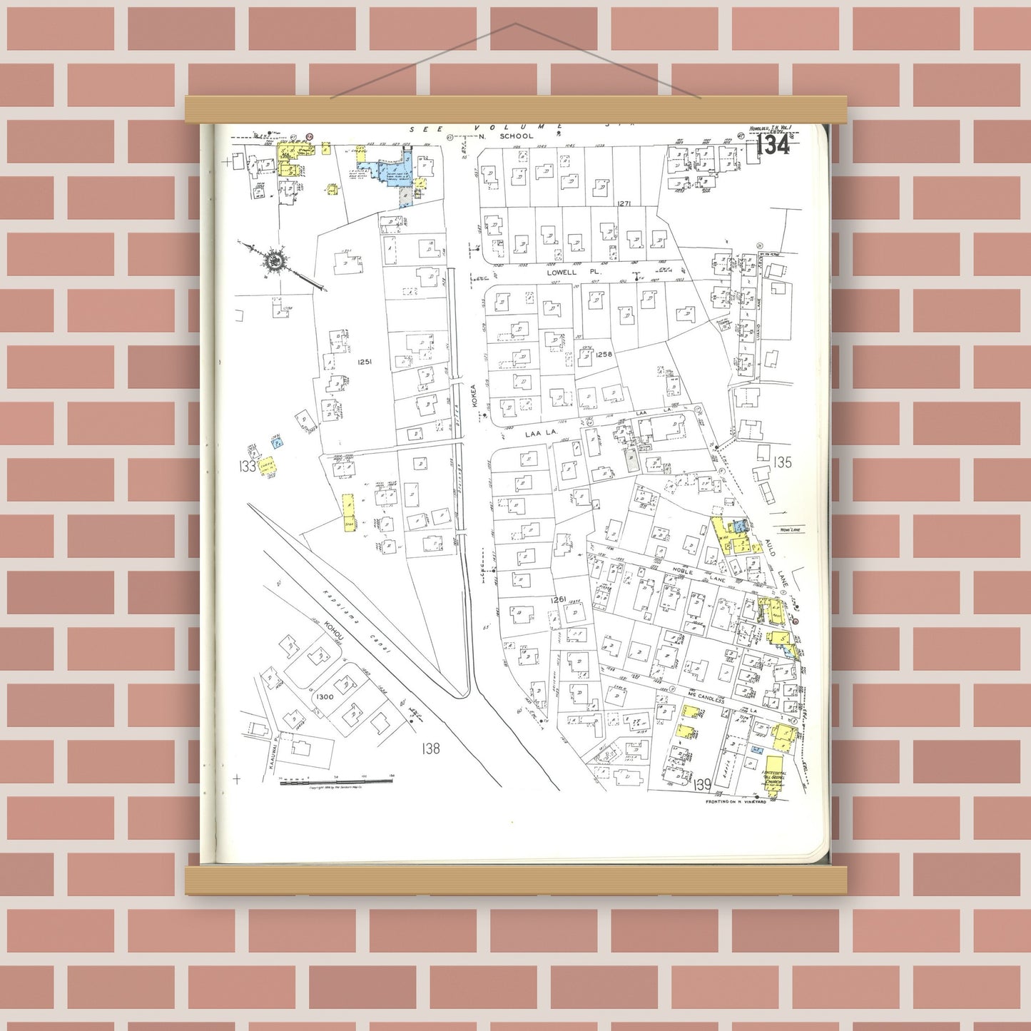 Old map wall art mockup — magnetic wood frame on brick wall — Sanborn Fire Insurance Map from Honolulu, Oahu County, Hawaii (1955), Sheet #0134