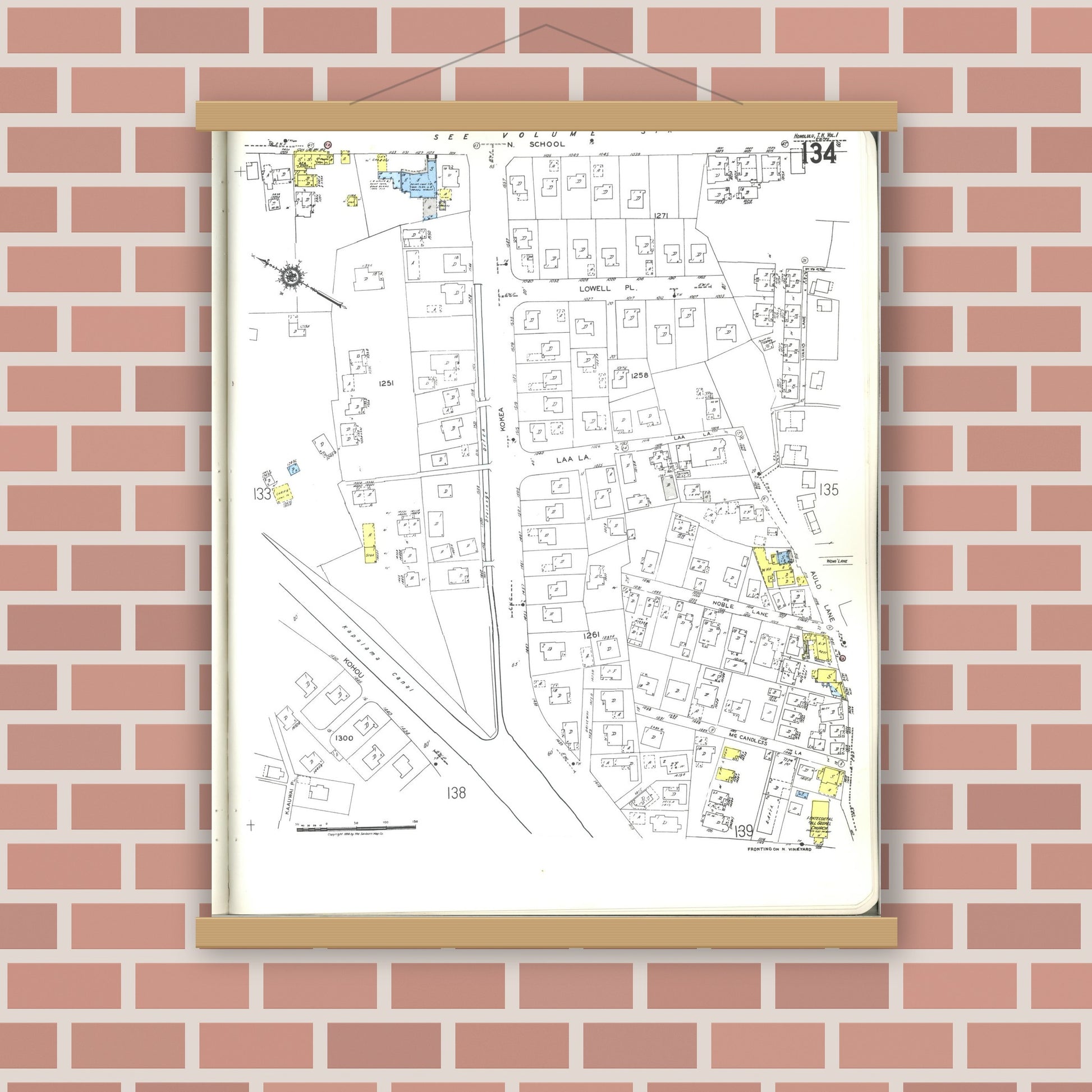 Old map wall art mockup — magnetic wood frame on brick wall — Sanborn Fire Insurance Map from Honolulu, Oahu County, Hawaii (1955), Sheet #0134
