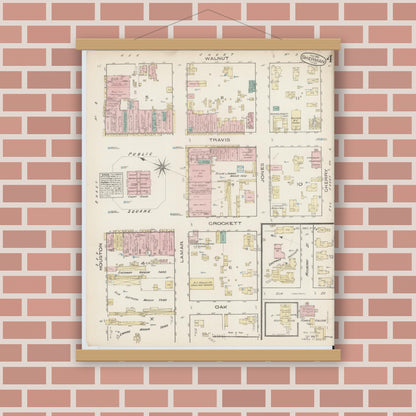 Old map wall art mockup — magnetic wood frame on brick wall — Sanborn Fire Insurance Map from Sherman, Grayson County, Texas (1885), Sheet #0004