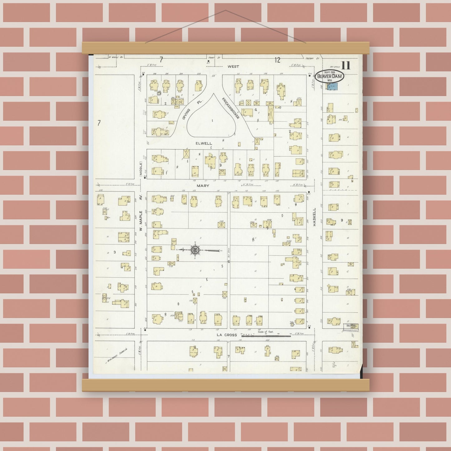 Old map wall art mockup — magnetic wood frame on brick wall — Sanborn Fire Insurance Map from Beaver Dam, Dodge County, Wisconsin (1914), Sheet #0011