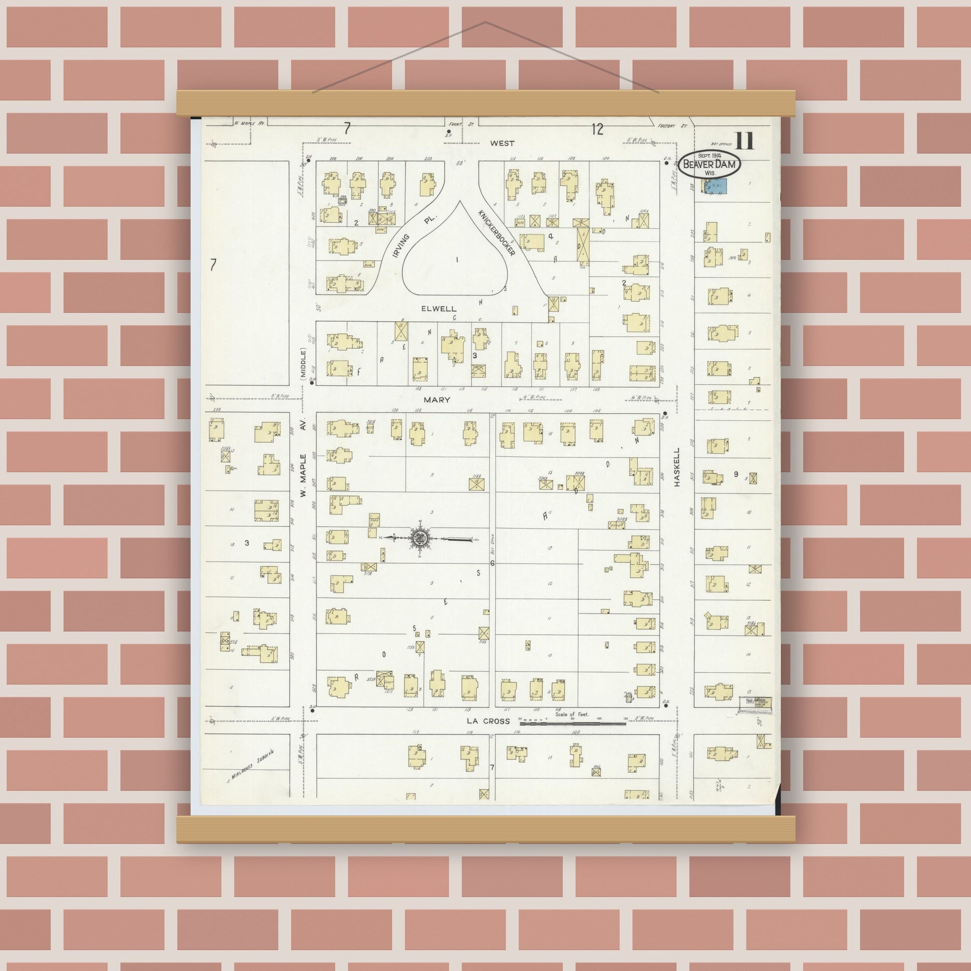Old map wall art mockup — magnetic wood frame on brick wall — Sanborn Fire Insurance Map from Beaver Dam, Dodge County, Wisconsin (1914), Sheet #0011