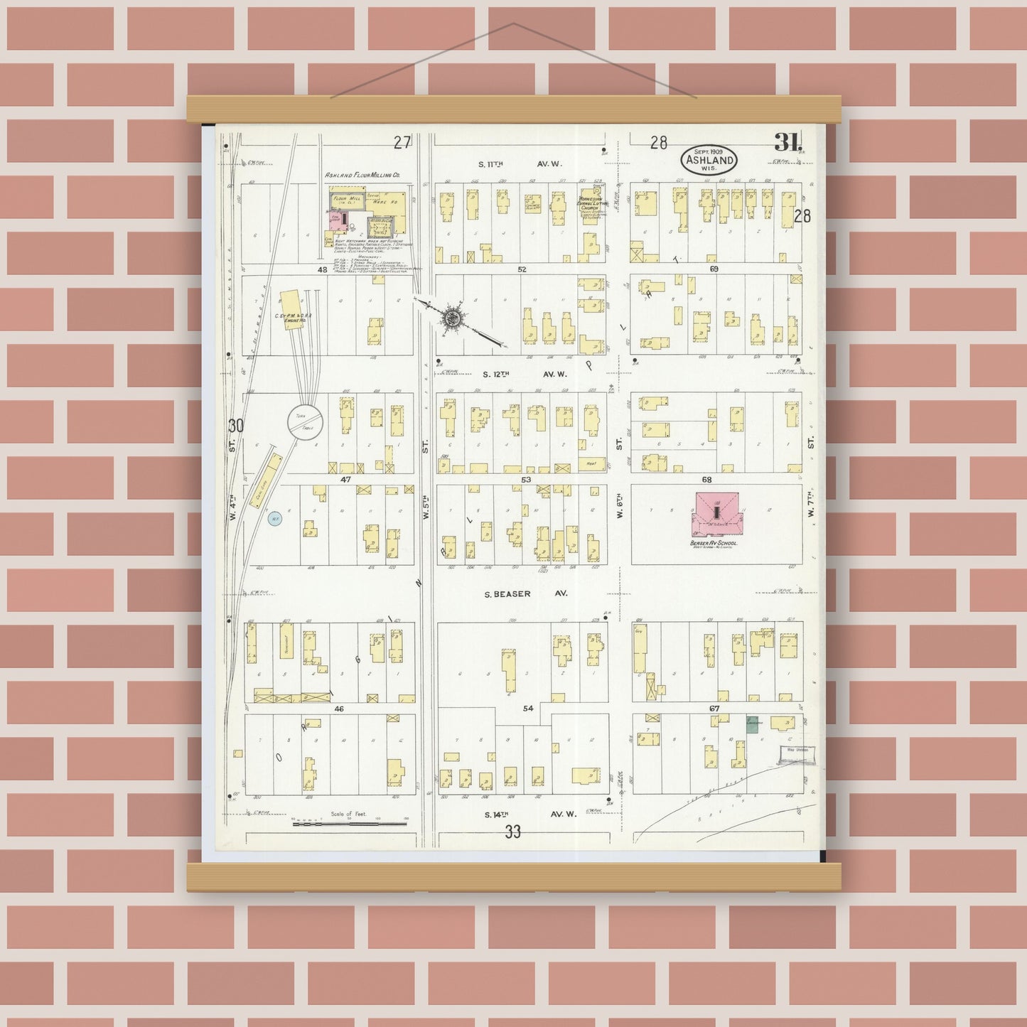 Old map wall art mockup — magnetic wood frame on brick wall — Sanborn Fire Insurance Map from Ashland, Ashland County, Wisconsin (1909), Sheet #0031
