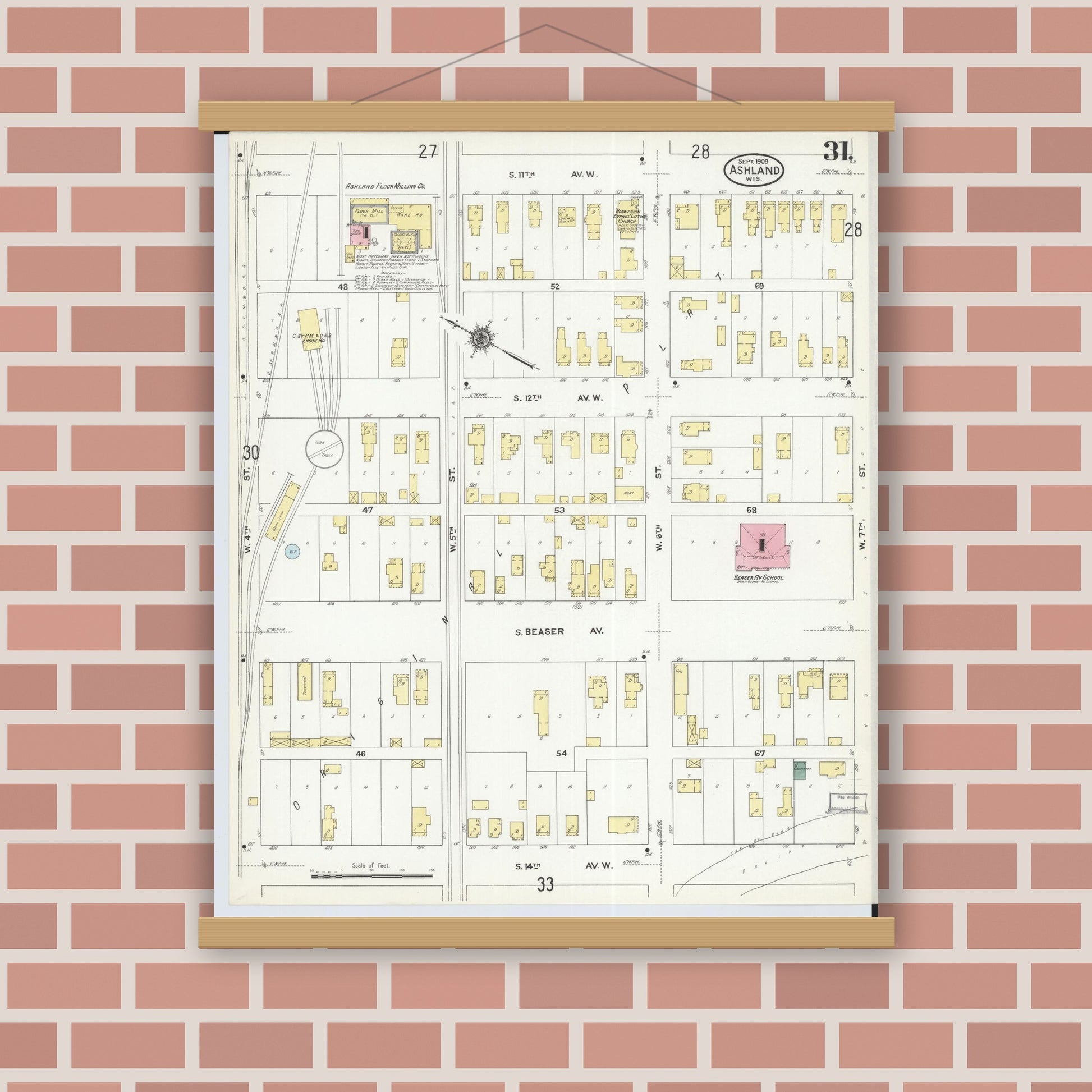 Old map wall art mockup — magnetic wood frame on brick wall — Sanborn Fire Insurance Map from Ashland, Ashland County, Wisconsin (1909), Sheet #0031