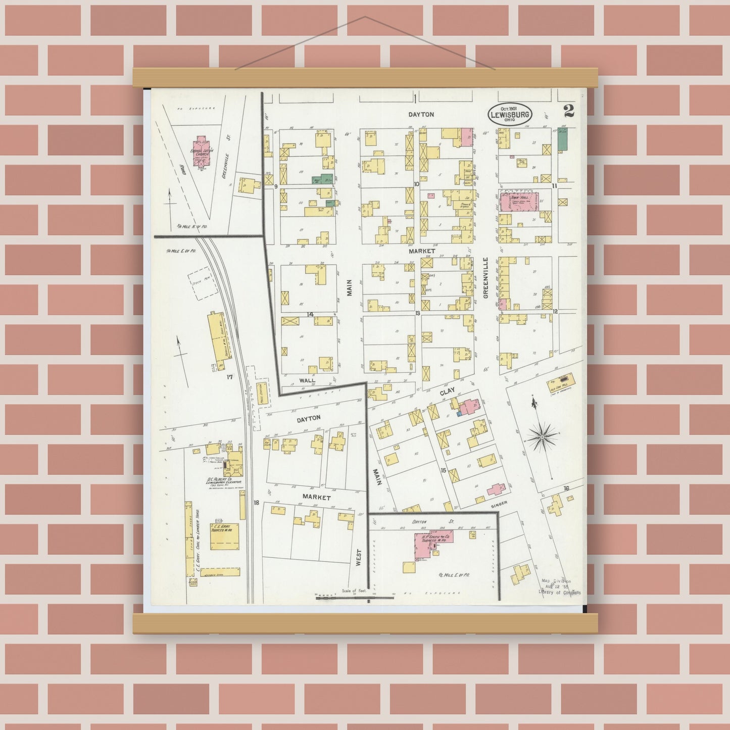 Old map wall art mockup — magnetic wood frame on brick wall — Sanborn Fire Insurance Map from Lewisburg, Preble County, Ohio (1901), Sheet #0002