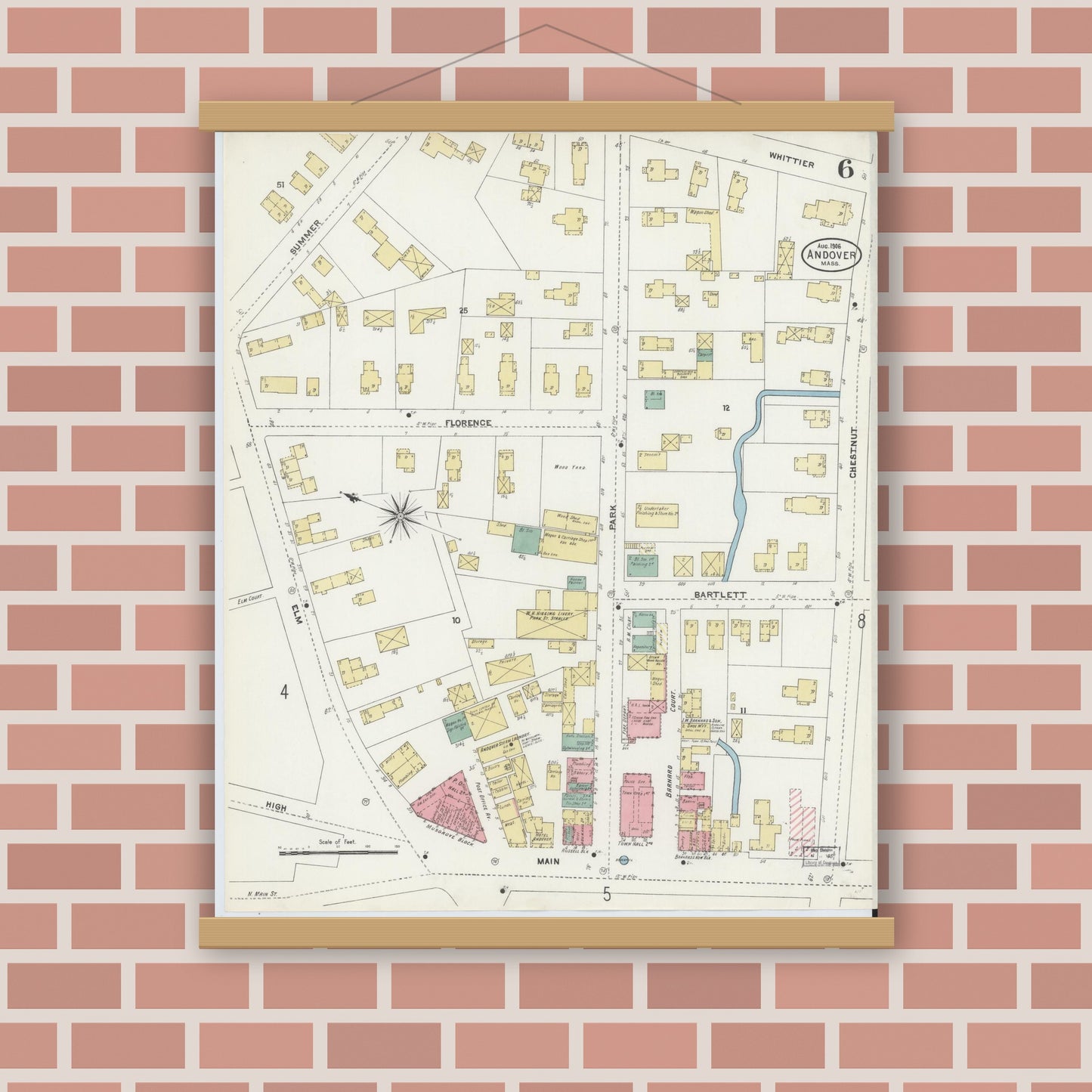 Old map wall art mockup — magnetic wood frame on brick wall — Sanborn Fire Insurance Map from Andover, Essex County, Massachusetts (1906), Sheet #0006