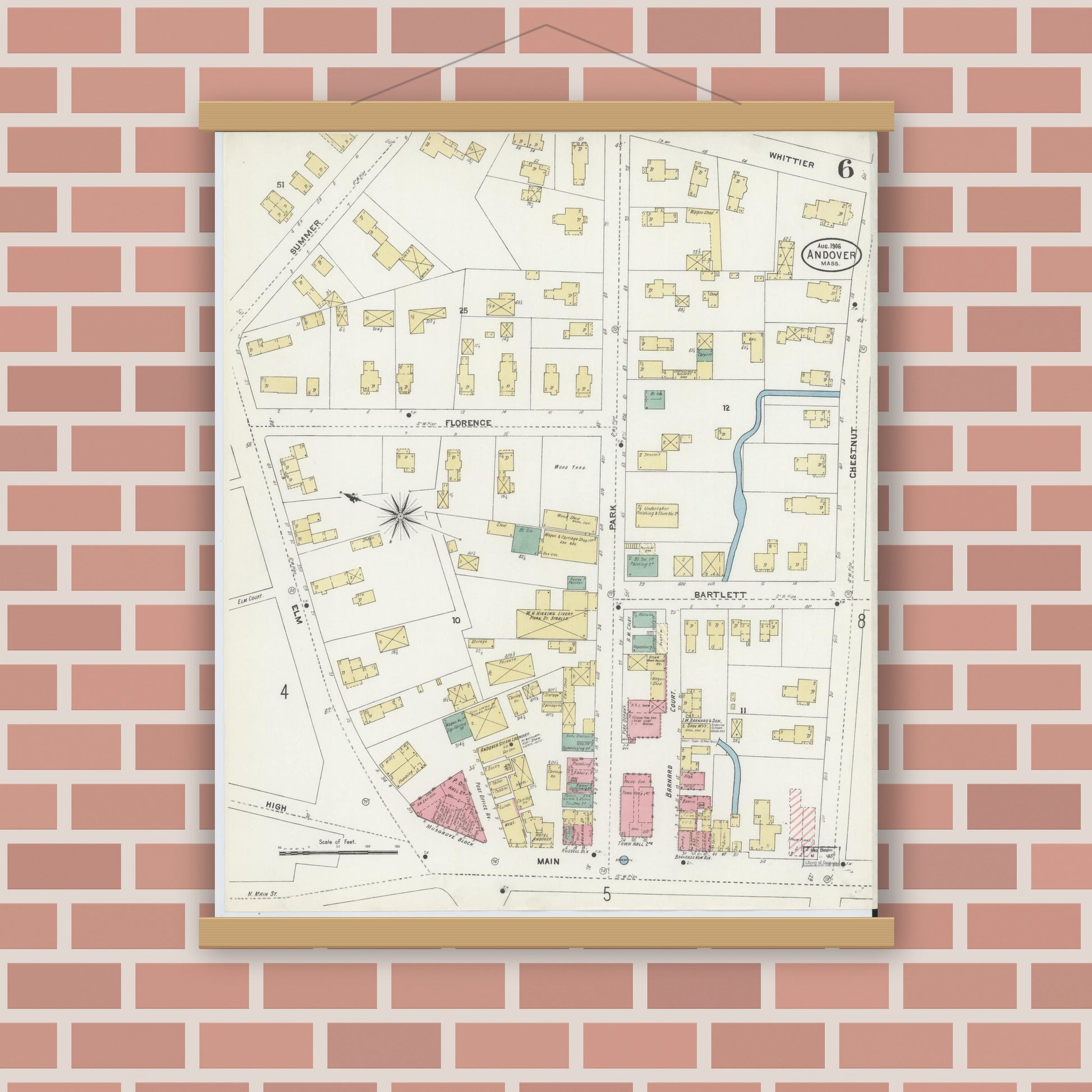 Old map wall art mockup — magnetic wood frame on brick wall — Sanborn Fire Insurance Map from Andover, Essex County, Massachusetts (1906), Sheet #0006