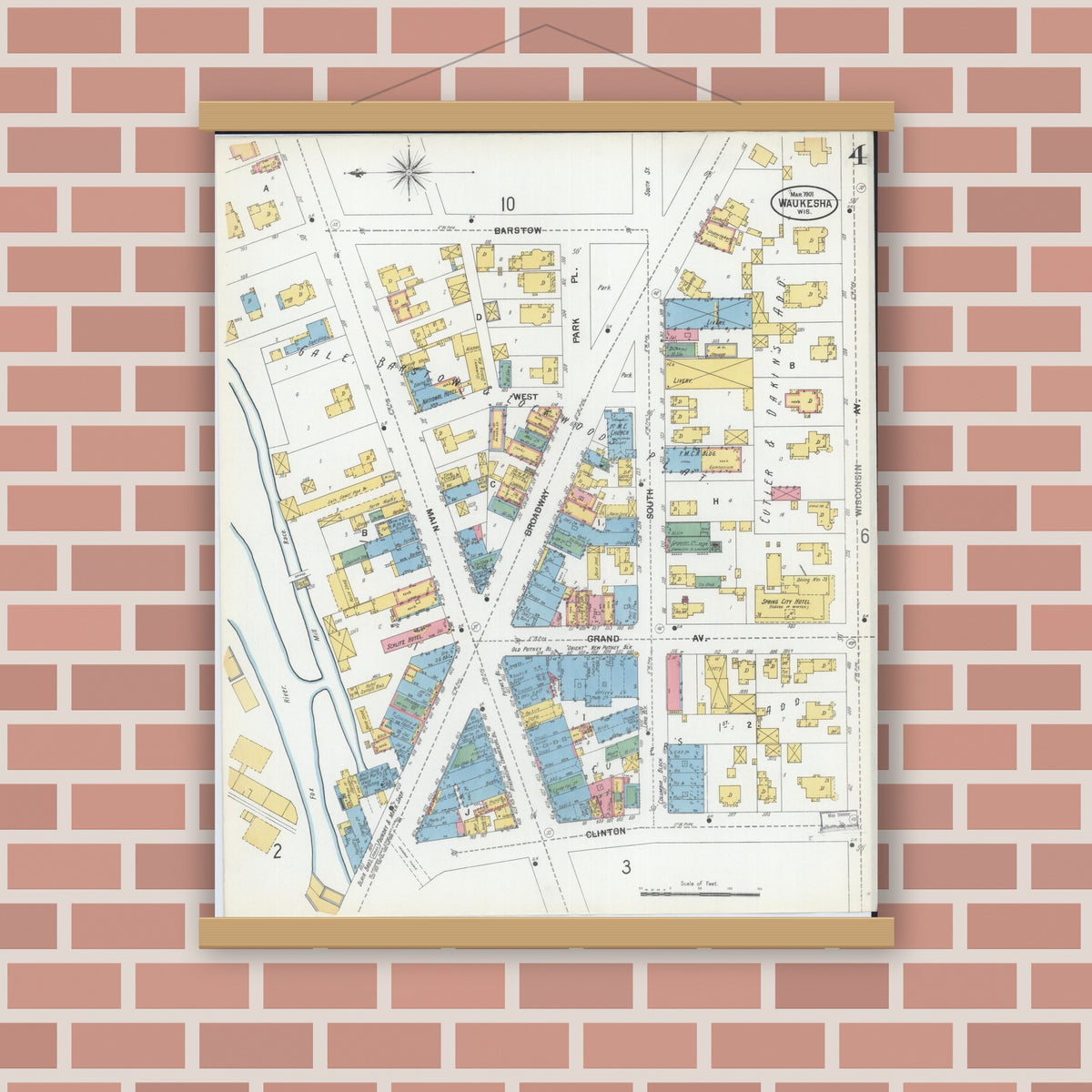 Old map wall art mockup — magnetic wood frame on brick wall — Sanborn Fire Insurance Map from Waukesha, Waukesha County, Wisconsin (1901), Sheet #0004