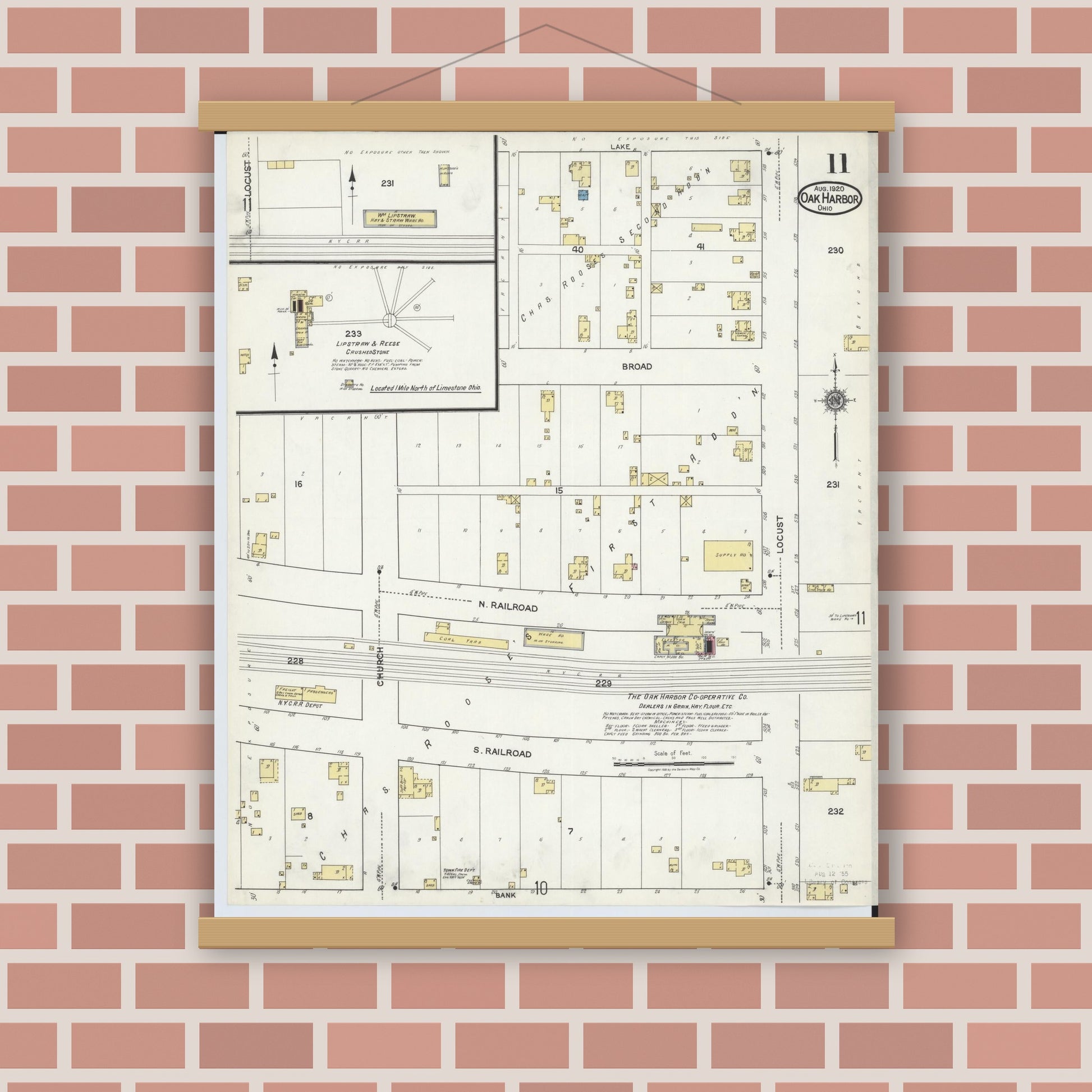 Old map wall art mockup — magnetic wood frame on brick wall — Sanborn Fire Insurance Map from Oak Harbor, Ottawa County, Ohio (1920), Sheet #0011