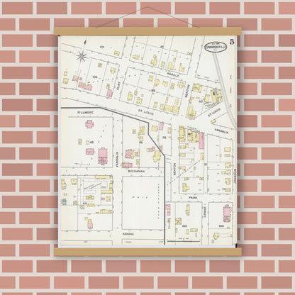 Old map wall art mockup — magnetic wood frame on brick wall — Sanborn Fire Insurance Map from Edwardsville, Madison County, Illinois (1892), Sheet #0005