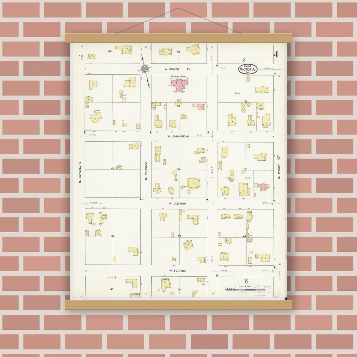 Old map wall art mockup — magnetic wood frame on brick wall — Sanborn Fire Insurance Map from Victoria, Victoria County, Texas (1912), Sheet #0004