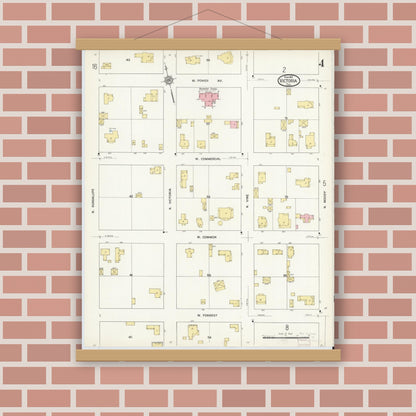 Old map wall art mockup — magnetic wood frame on brick wall — Sanborn Fire Insurance Map from Victoria, Victoria County, Texas (1912), Sheet #0004