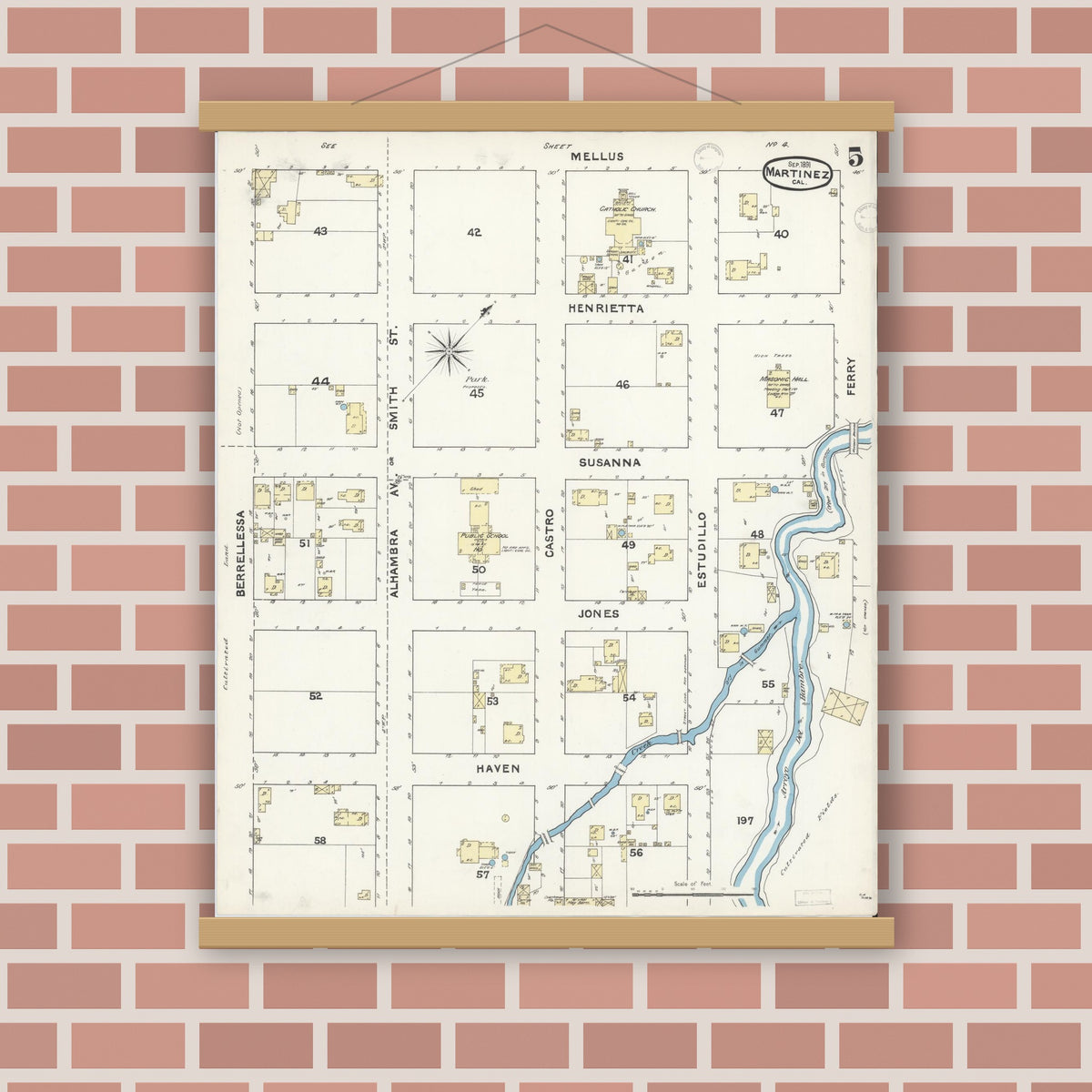 Old map wall art mockup — magnetic wood frame on brick wall — Sanborn Fire Insurance Map from Martinez, Contra Costa County, California (1891), Sheet #0005