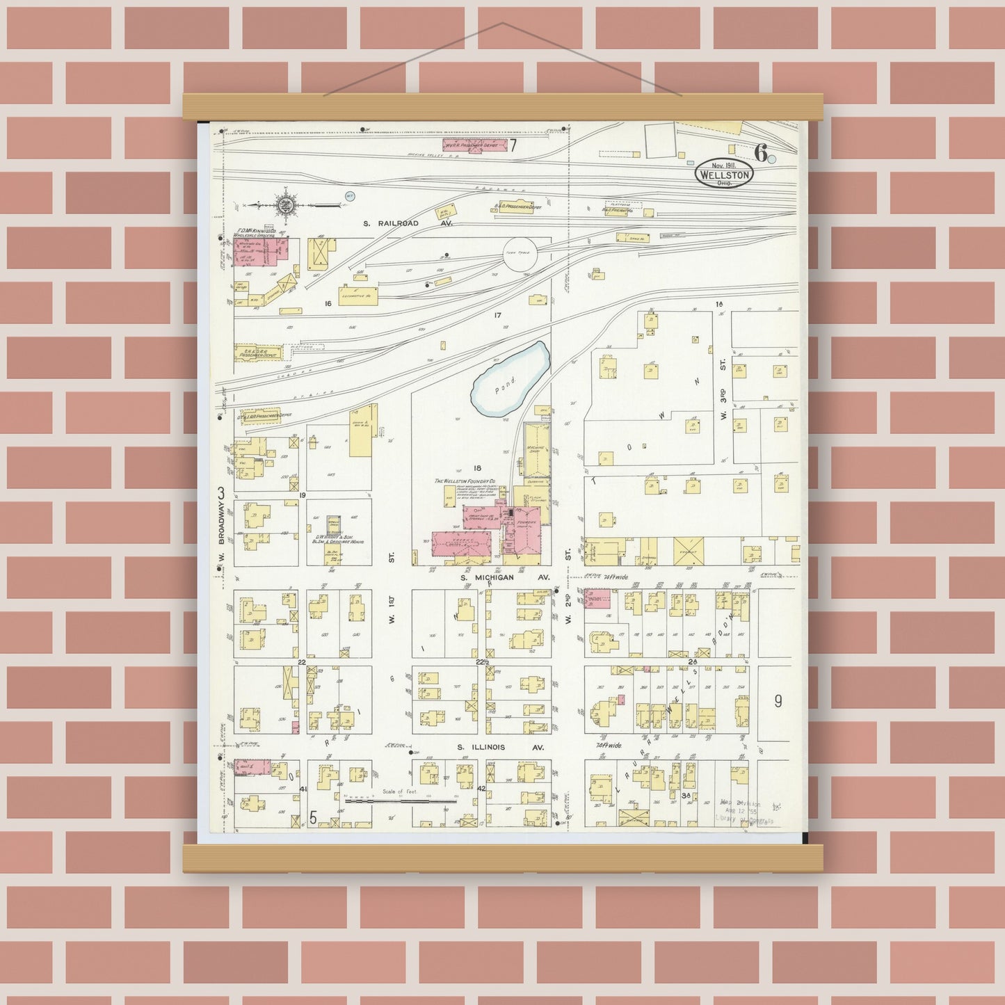 Old map wall art mockup — magnetic wood frame on brick wall — Sanborn Fire Insurance Map from Wellston, Jackson County, Ohio (1911), Sheet #0006