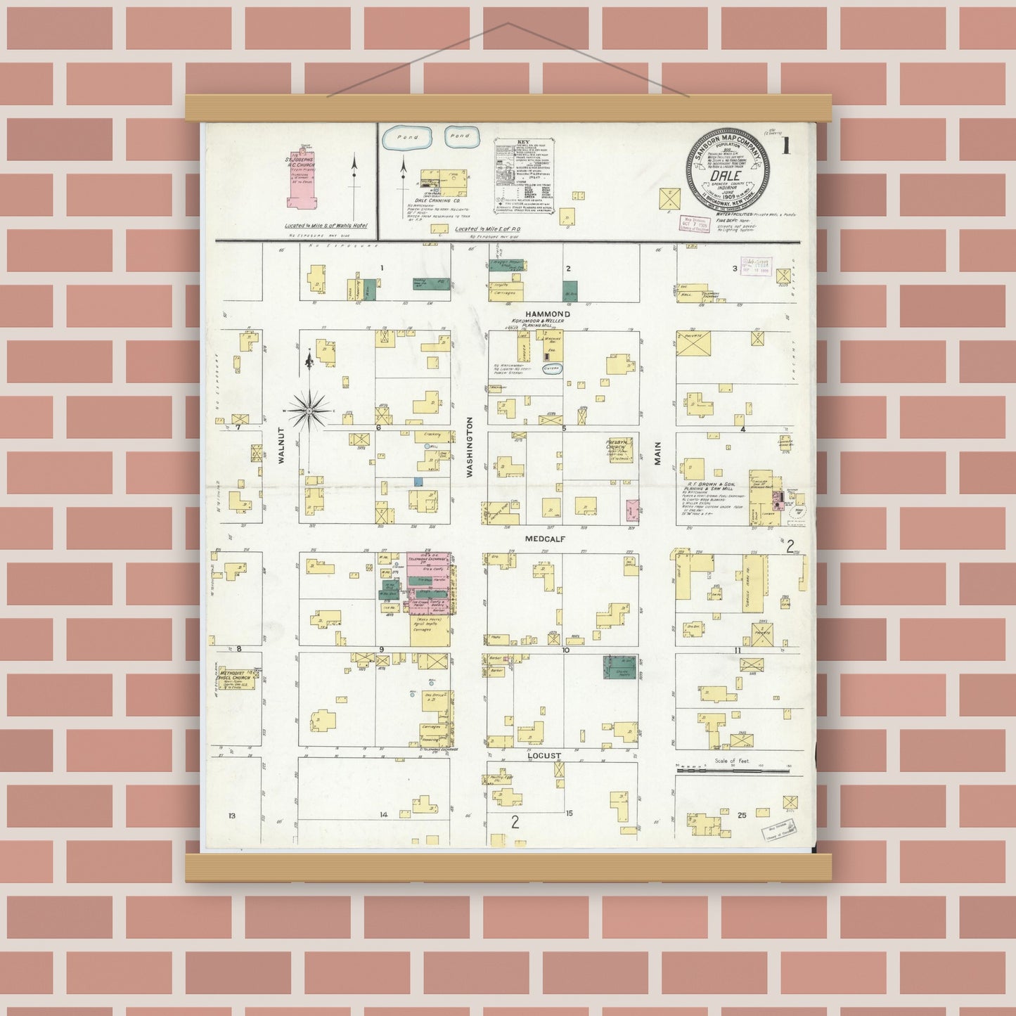 Old map wall art mockup — magnetic wood frame on brick wall — Sanborn Fire Insurance Map from Dale, Spencer County, Indiana (1909) - Complete Map Set