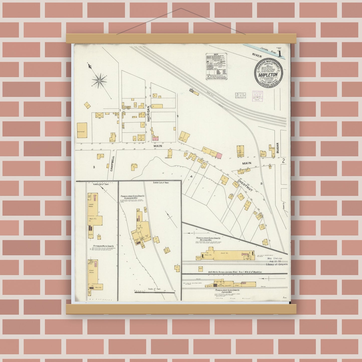 Old map wall art mockup — magnetic wood frame on brick wall — Sanborn Fire Insurance Map from Mapleton, Huntingdon County, Pennsylvania (1904) - Complete Map Set