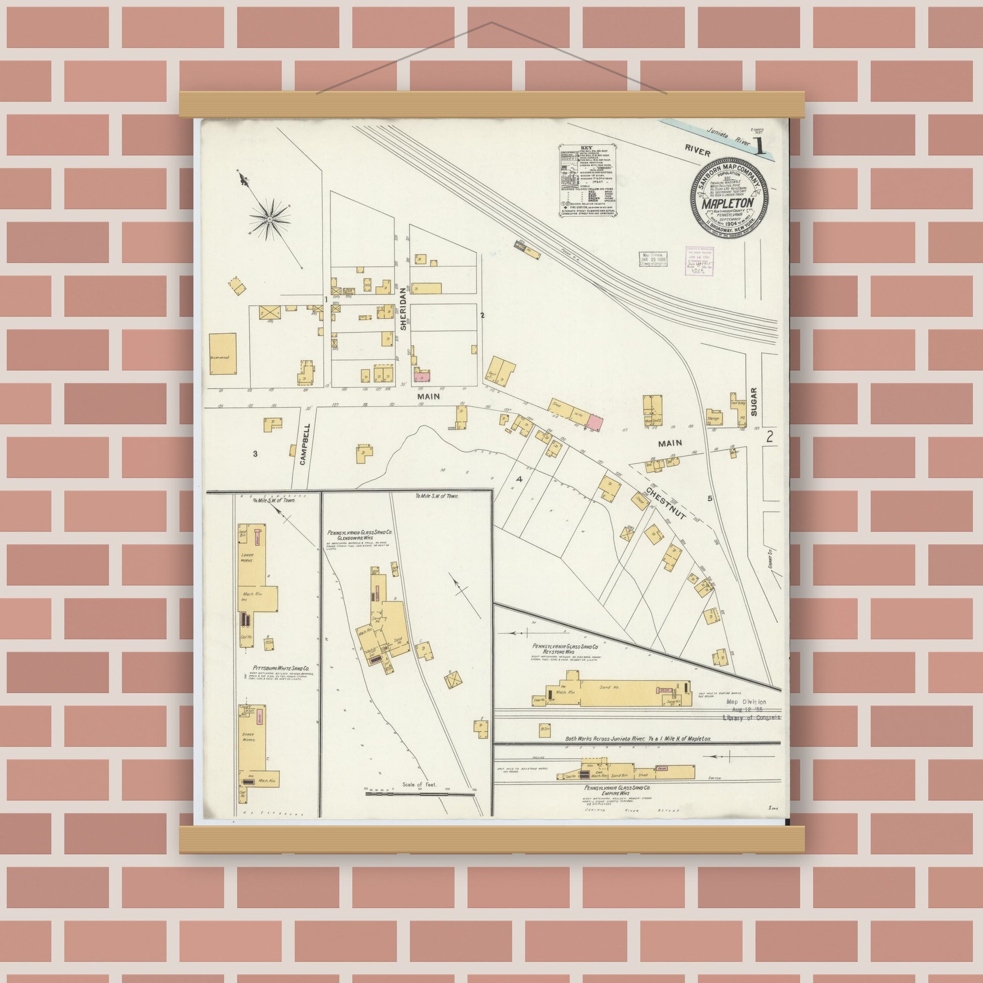 Old map wall art mockup — magnetic wood frame on brick wall — Sanborn Fire Insurance Map from Mapleton, Huntingdon County, Pennsylvania (1904) - Complete Map Set