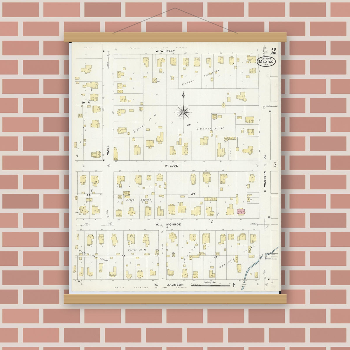 Old map wall art mockup — magnetic wood frame on brick wall — Sanborn Fire Insurance Map from Mexico, Audrain County, Missouri (1908), Sheet #0002