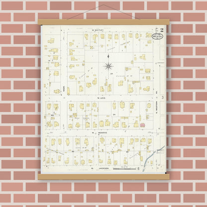 Old map wall art mockup — magnetic wood frame on brick wall — Sanborn Fire Insurance Map from Mexico, Audrain County, Missouri (1908), Sheet #0002