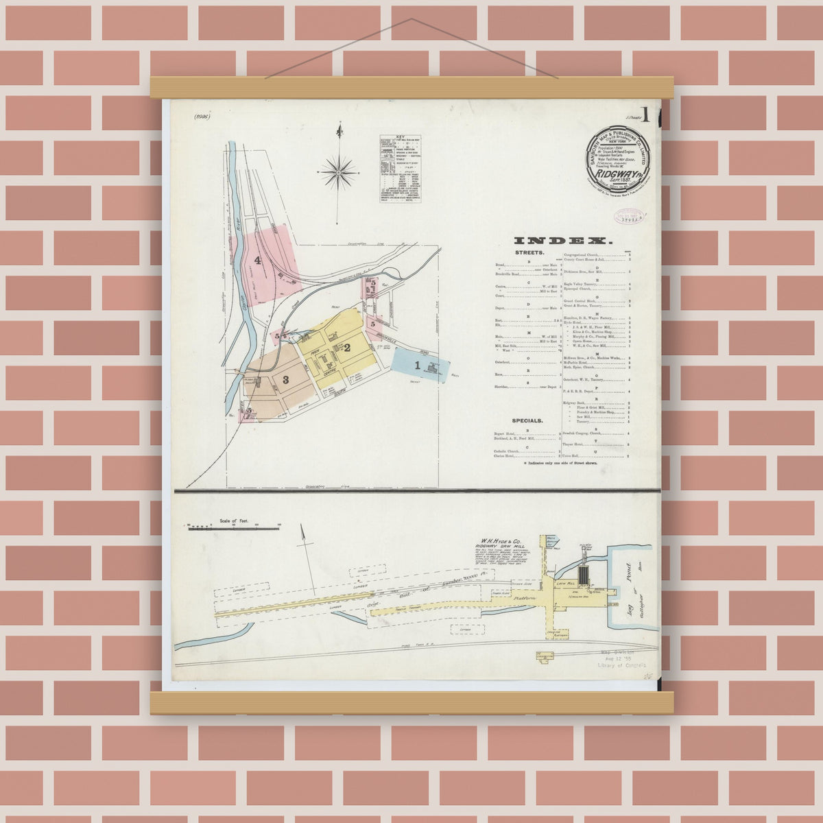 Old map wall art mockup — magnetic wood frame on brick wall — Sanborn Fire Insurance Map from Ridgway, Elk County, Pennsylvania (1887) - Complete Map Set