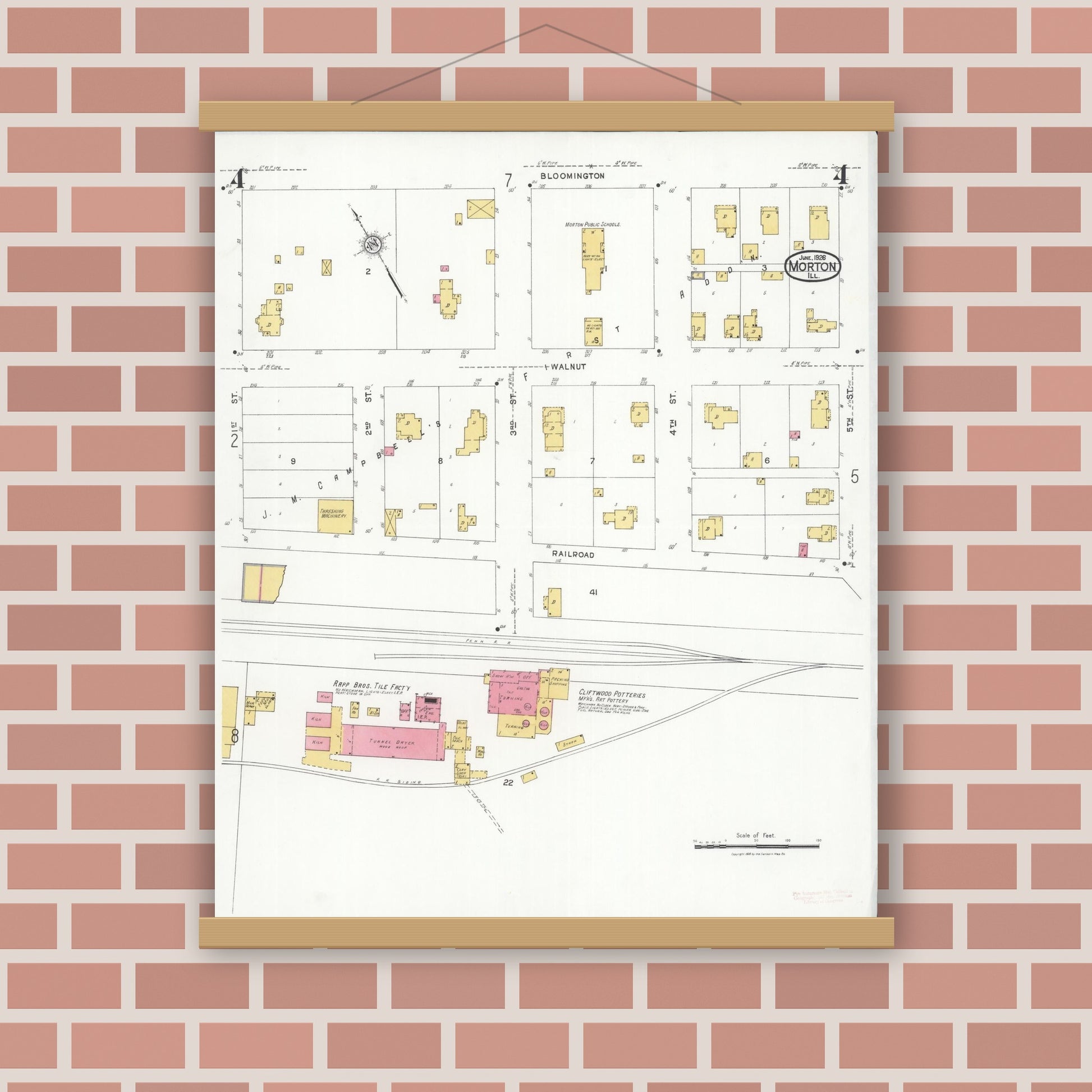 Old map wall art mockup — magnetic wood frame on brick wall — Sanborn Fire Insurance Map from Morton, Tazewell County, Illinois (1926), Sheet #0004